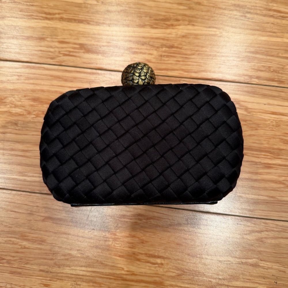 Black satin Sondra Roberts evening bag - broken chain strap